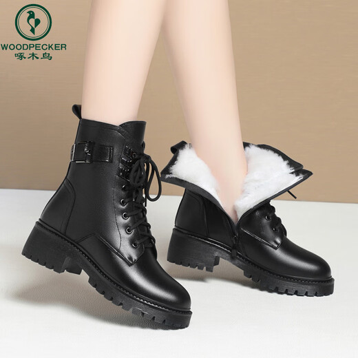 Woodpecker Martin Boots Women's Genuine Leather 2025 Autumn and Winter New Plus Velvet Large Size Short Boots Mid Heel Fur Integrated Warm Large Cotton Shoes Black Thickened Wool Lining 38
