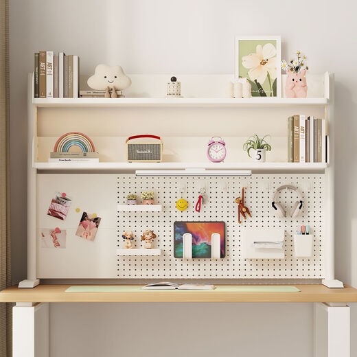 桌面书架立式办公桌上铁艺多层书架学生电脑桌上收纳洞洞板置物架 稳固加粗玄武钢立式双层奶油白高38长80赠21件套+磁扣