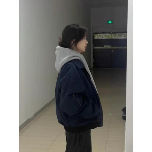 Xiaohongshu American fashion brand navy blue cardigan jacket for women spring and autumn design couple niche chic baseball uniform navy M