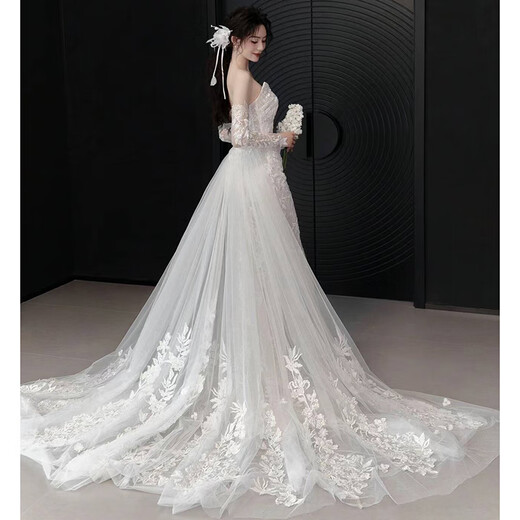 H-Ked Light Hochzeitskleid Braut Hauptgarn High-End französische Spitze trägerloser Fischschwanzausschleier Temperament Schwanzkleid weiß M.