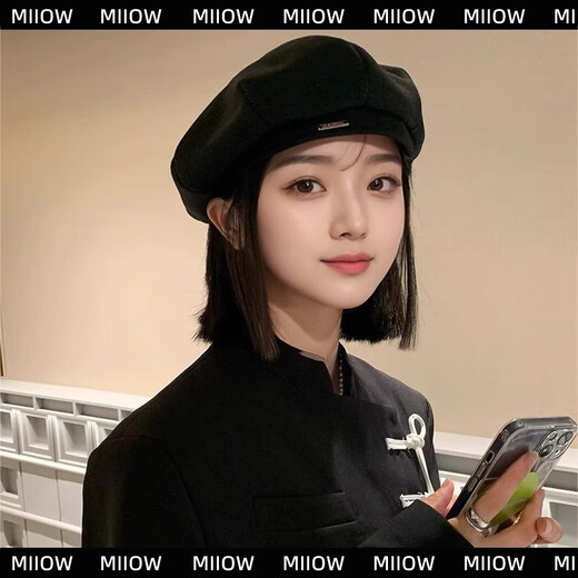 Catman Beret Women's Autumn and Winter Korean Version Versatile Painter Hat Japanese Retro Big Head Circumference Showing Face Small Bud Hat Black One Size 55-59cm