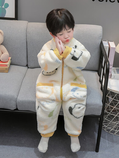 Langsha children's one-piece pajamas autumn and winter flannel thickened one-year-old baby sleeping bag boy coral velvet anti-kick quilt off-white double layer plus velvet thickened M 80cm