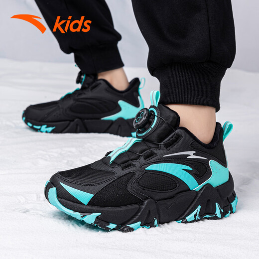ANTA (ANTA) children's shoes, boys' shoes, sports shoes, warm plus velvet cotton shoes, autumn non-slip outdoor leisure sports snow boots for middle and large children, black/fluorescent aqua-4 35