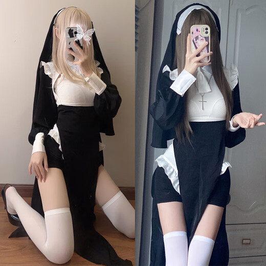 Nun cos clothing tight style Halloween sexy transformation female costume nun cross-dressing COSPLAY costume wig nun (dress + jumpsuit + headscarf + safety pants + cross necklace + white S
