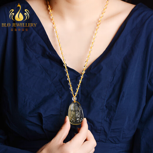 Bailuoqi Natural Citrine Guanyin Pendant Necklace Guanyin Bodhisattva Pendant Ping An Men's Buddha Statue Native Buddha Amulet Citrine (With Lanyard)