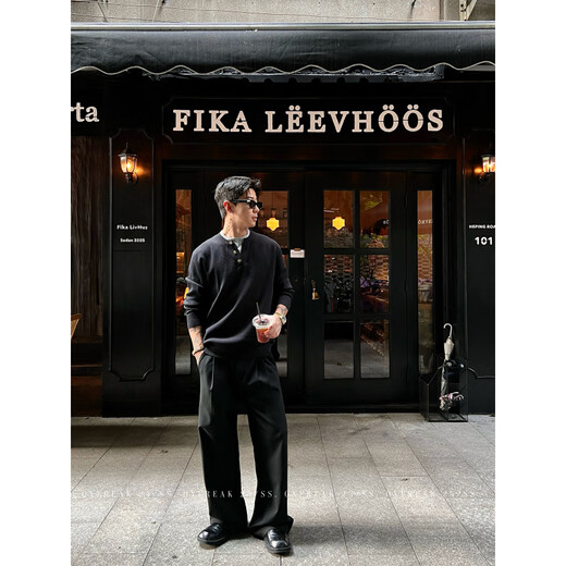 ROAR UTHAUG custom mother-of-pearl buckle old money style fake two-piece Henry collar sweater for men autumn and winter warm sweater black S