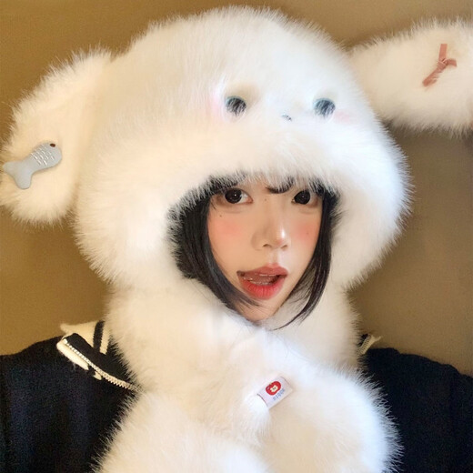CTRLEND2025 New Cute Puppy Ears Plush Hat Scarf All-In-One Winter Ear Protection Cold Warm Lei Feng Hat Small Fish Puppy Plush Hat