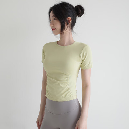 Tight women's top yoga short-sleeved women's pleated waist breathable quick-drying sports T-shirt summer slimming Pilates milk white S