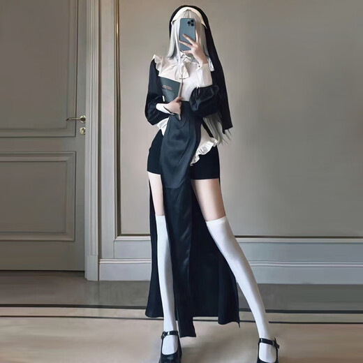 Nun cos clothing tight style Halloween sexy transformation female costume nun cross-dressing COSPLAY costume wig nun (dress + jumpsuit + headscarf + safety pants + cross necklace + white S