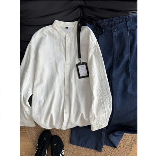 New Chinese style cotton and linen textured long-sleeved shirt for men in autumn Henry collar cardigan shirt drapey retro lazy jacket black upgraded version M