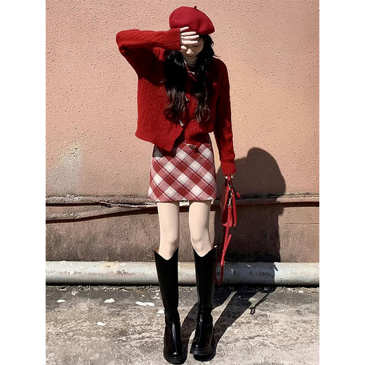 Hao'e lazy style red sweater cardigan coat for women autumn and winter Korean atmosphere knitted top for inner and outer wear knitted sweater jacket red one size fits all