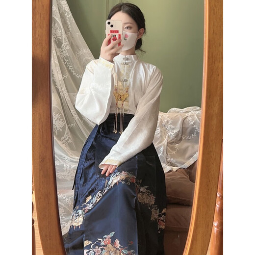 艾柔丹秋冬季新款连衣裙女装马面裙套装中国风新中式国风旗袍改良长裙子 上衣+马面裙1047 S