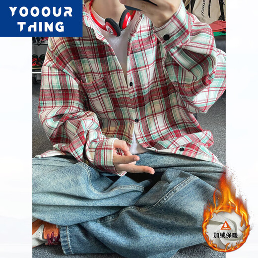 YOOOURTHING Amerikanisches Retro-Karohemd für Herren, langärmelig, Frühling, Herbst und Winter, plus samtverdicktes, lockeres Paar, vielseitige Freizeithemdjacke CJ9734-Gelb kariert plus Samt M (empfohlen 90–110 Jin entspricht 0,5 kg)