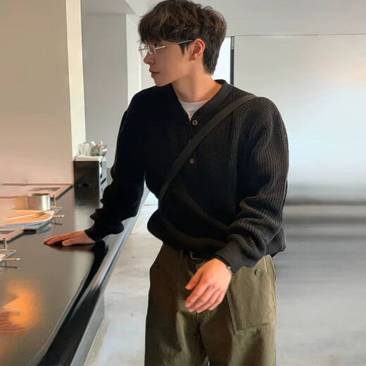 Guan Chen Old Money Style Henley Collar Sweater Men's Knitted Sweater Men's American Loose Long Sleeve Open Button Workwear Knitted Henley Sweater Black M