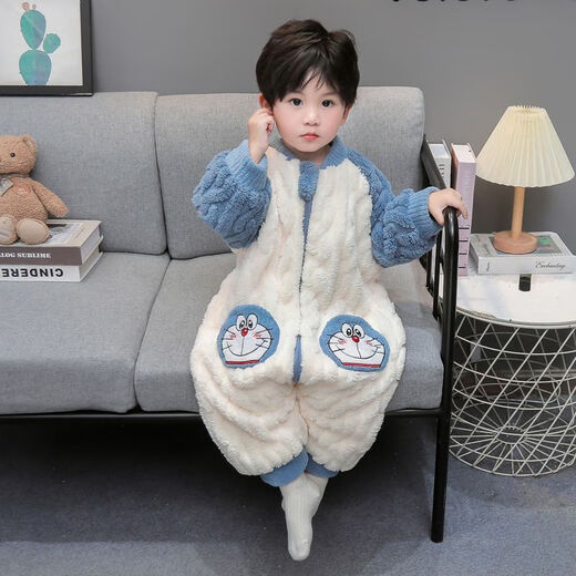 Children's one-piece pajamas autumn and winter coral velvet thickened baby anti-kick quilt winter flannel boy sleeping bag blue 90