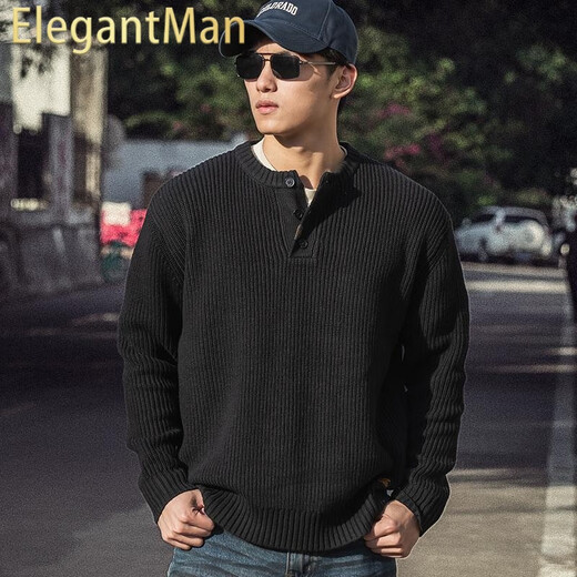 ElegantMan Henry Collar Sweater Men's Winter Heavyweight American Retro Thickened Warm Men's Loose Knitwear Autumn and Winter Black S _Suitable for 90-119Jin Jin is equal to 0.5 kg