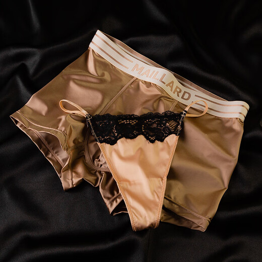 AJFN Victoria couple underwear thong satin sexy hot thong men's seamless ice boxer briefs summer couple's two-piece silk-faced coffee male +99919T T-shaped S female + male L