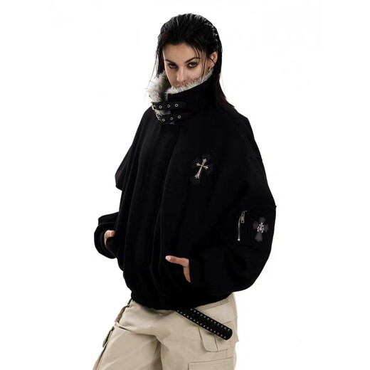 Avansby American retro Maillard lapel, mountain carving cross, thickened design, warm fur collar jacket, loose cotton coat, black L