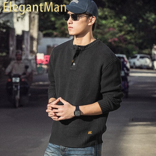 ElegantMan Henry Collar Sweater Men's Winter Heavyweight American Retro Thickened Warm Men's Loose Knitwear Autumn and Winter Black S _Suitable for 90-119Jin Jin is equal to 0.5 kg