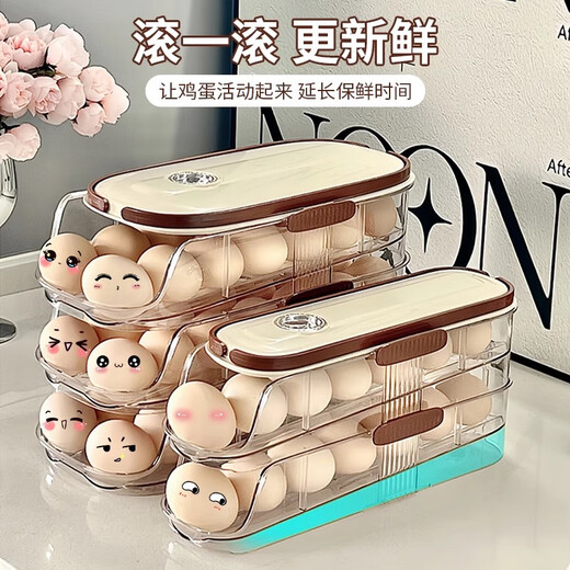 TYZAYR Japanese automatic rolling egg storage box for refrigerators, special kitchen organizer, refrigerator side door with deepened large capacity box, double rows and single layer (with built-in handle, can hold 16 eggs)