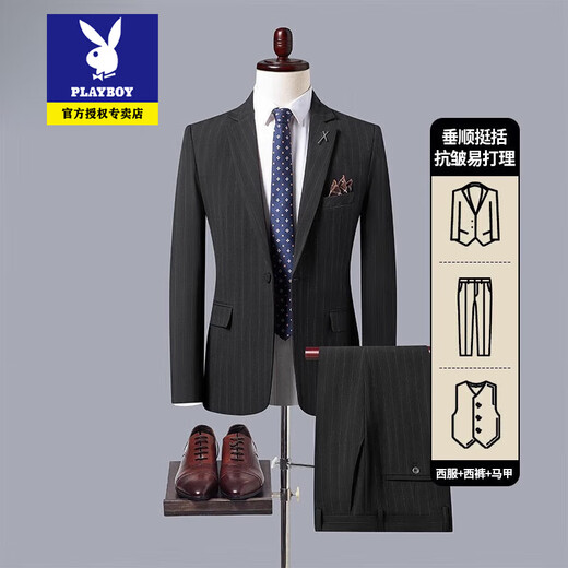 Playboy Striped Casual Suit Men's Spring Autumn Formal Groom Wedding Dress High-end Suit Suit Men Black Suit + Pants 2XL