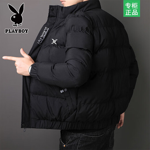 Playboy Men's Cotton Jacket 2026 Winter New Thick Warm Windproof Casual Stand Collar Short Cotton Jacket Men's Jacket X2297 Black XL Recommended 115-130 Jin Jin equals 0.5 kg
