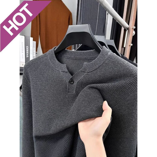 AX Armani off-size pineapple pattern Henry collar sweater men's spring and autumn new fashion casual cotton texture dark gray XL 175 (recommended 135-150)