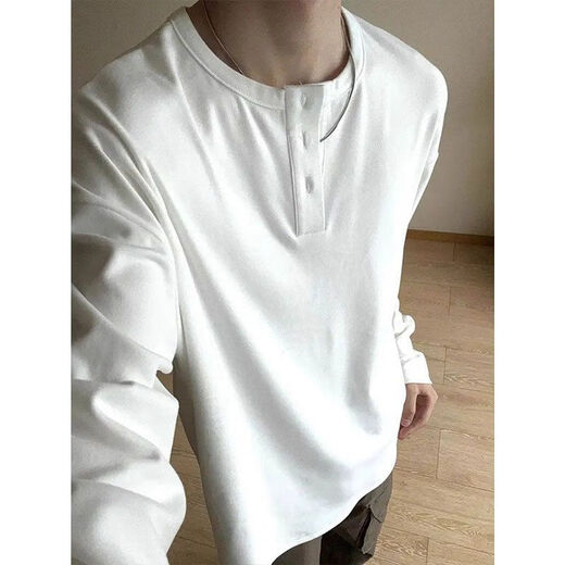 ROYALGHARRY 2025 new versatile Henry collar German velvet bottoming shirt for men, casual and comfortable plus velvet warm round neck long-sleeved T-shirt white M