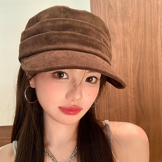 Miao Yijia Brown Hat Autumn and Winter Women's New Warm Equestrian Hat Flat Top Peaked Hat Fashionable Maillard Beret Love Mark Pleated Equestrian Hat Coffee Color