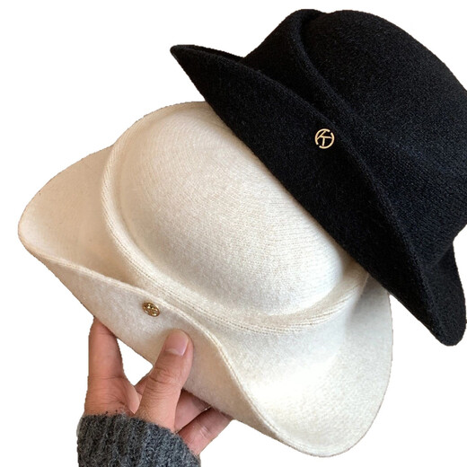 Fashionable and charming French Hepburn style elegant black top hat for women autumn and winter retro face-showing small curled woolen hat fisherman hat versatile black M (56-58cm)