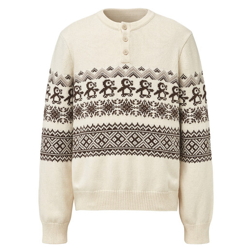 Nanzihan Christmas Penguin Fair Isle Henley Neck Sweater for Men and Women, Autumn and Winter Lazy High-Quality Knitwear, Apricot M