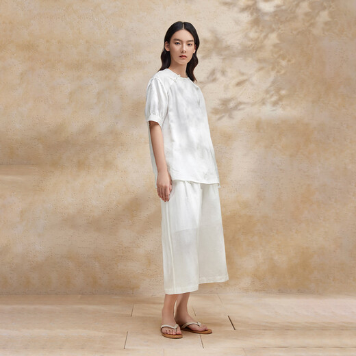 BO [neuer chinesischer Stil] Bobing Button Round Hals kurzärmeliges Hemd für Fraueneinkaufszentrum Gleicher lose Temperament Top BDR2HD1396 W40 Weiß S