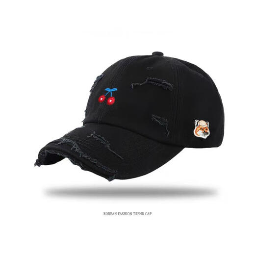 MAISON HYSAN Little Fox Embroidered Baseball Cap for Men and Women Korean Style Breathable and Fashionable Black Adjustable