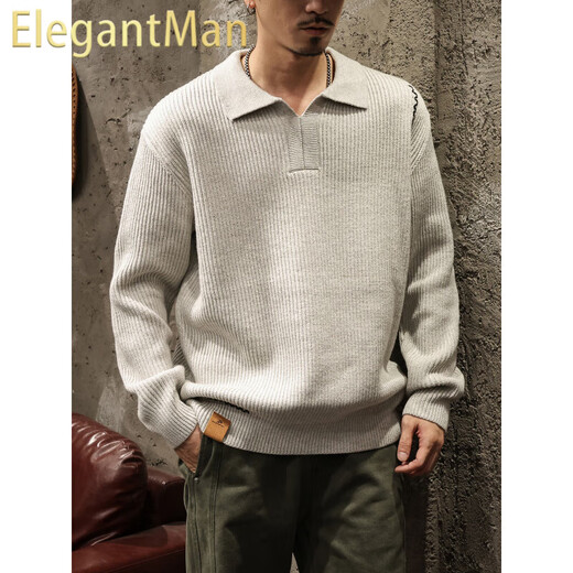 ElegantMan shirt collar sweater for men in autumn and winter Korean style soft waxy Henry collar sweater men's new polo collar coat floral gray M _ Suitable for -125Jin Jin equals 0.5kg
