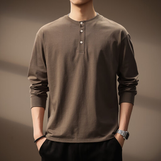 AX Armani broken code 2026 high-end simple solid color Henry collar long-sleeved shirt for men autumn loose heavyweight retro hit brown M suitable for 110-130Jin Jin is equal to 0.5 kg
