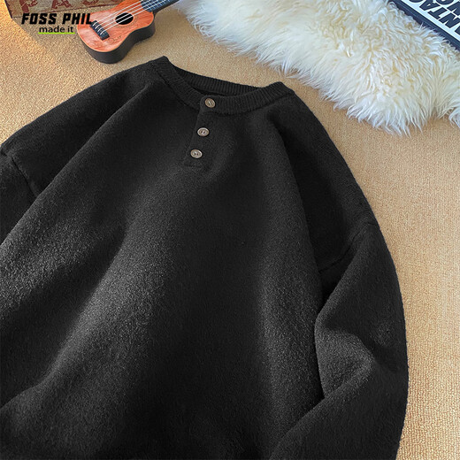 Foss Phil American solid color Henry collar sweater men's winter loose casual sweater top Q7142 black XL