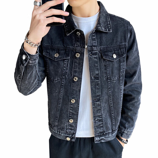 ROYAL PALM POLO SPORTS CLUB Spring and Autumn Black Denim Jacket Men's Casual Fashion Korean Style Men's Jacket Jacket Men's Lapel Retro Trend Black-940 Styles XL