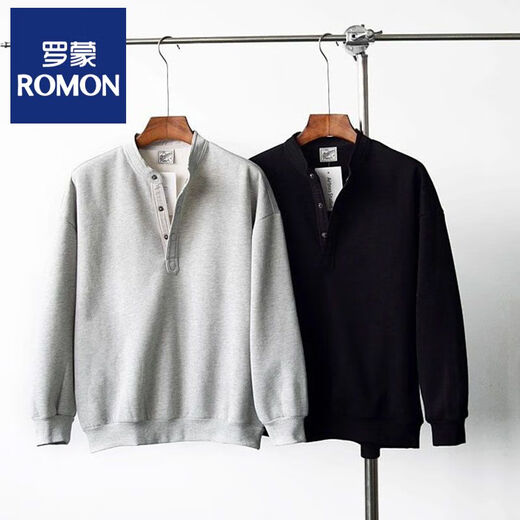 ROMON large size 300Jin Jin is equal to 0.5kg large size men's Henry collar sweatshirt men's spring and autumn new American fashion brand loose top bottoming shirt gray M 80-100Jin Jin is equal to 0.5kg