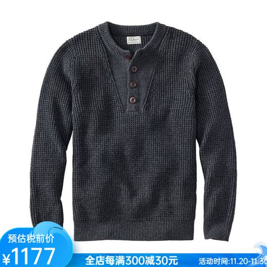 L.L.Bean Men's Sweater Waffle Henry Shirt Autumn and Winter Warm, Soft and Comfortable Middle-aged and Old Dad Pullover Fashion Black Faded Black S Suitable for Net Bust 97-105CM