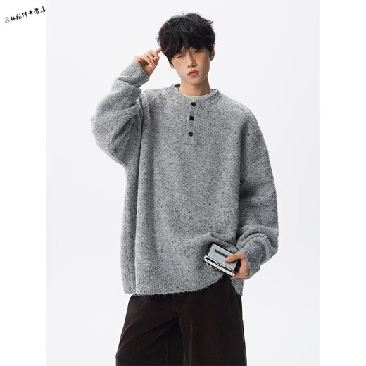 Yuexiang Henry Collar Sweater Men's Autumn Lazy Style Blended Retro Sweater Large Size Loose Versatile Sweater Jacket Trendy Gray M
