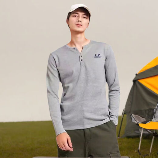 Spring fat button V-neck T-shirt men's long-sleeved plus fat enlarged pure cotton brushed fat man Henry collar bottoming shirt top purple M M recommended 110-125Jin Jin equals 0.5 kg