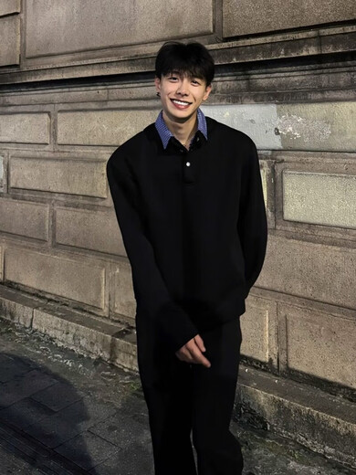 He Jiagong fake two-piece POLO shirt men's autumn old money style long-sleeved T-shirt cleanfit silhouette Henry collar sweatshirt black Noveli M