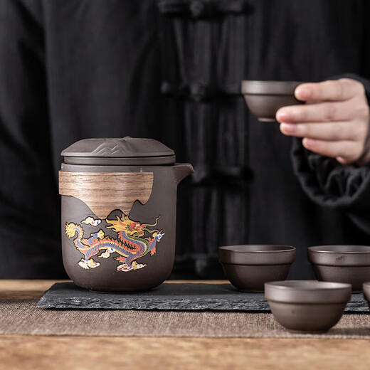 Purple sand color changing teapot travel tea set Kung Fu Kuai Ke tea light luxury portable cup tea water separation outdoor portable storage purple sand cat ears - color changing dragon and phoenix six cups + bag