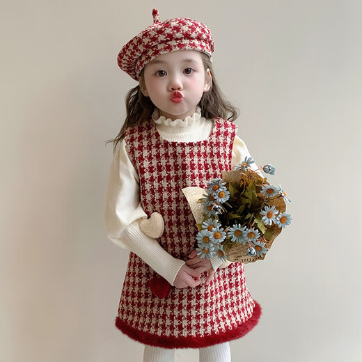 G.duck girls skirt autumn and winter small fragrance children's dress suit winter plus velvet New Year clothes baby girl one-year-old dress red two-piece set 140 recommended 130-140cm7-8 years old