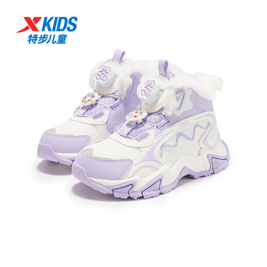 XTEP (XTEP) children's velvet cotton shoes, winter girls' rex rabbit velvet lining, warm and comfortable knob-buckle leather sneakers, sail white/snow purple 33