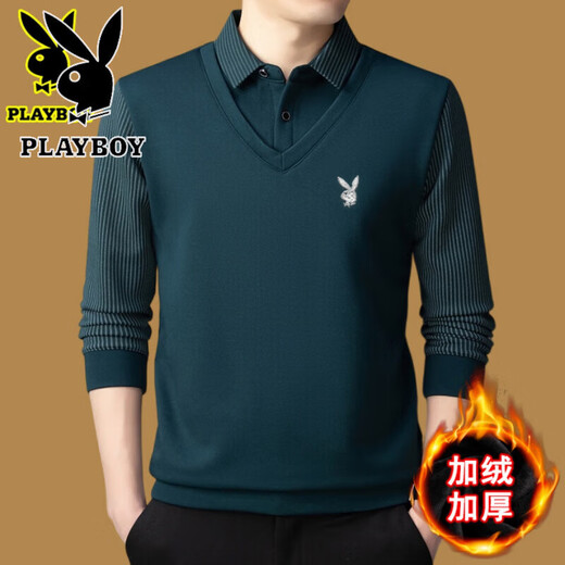 Playboy (PLAYBOY) high-end fake two-piece sweater men's velvet thickened bottoming shirt 2026 winter new casual loose warm wool sweater Shangqing 6658 style velvet thickened 2XL 180