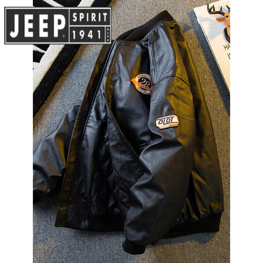 JEEP SPIRIT Jeep American fashion brand PU leather motorcycle cotton jacket men's winter thickened warm baseball jacket cotton jacket black M (100-130Jin Jin equals 0.5 kg)