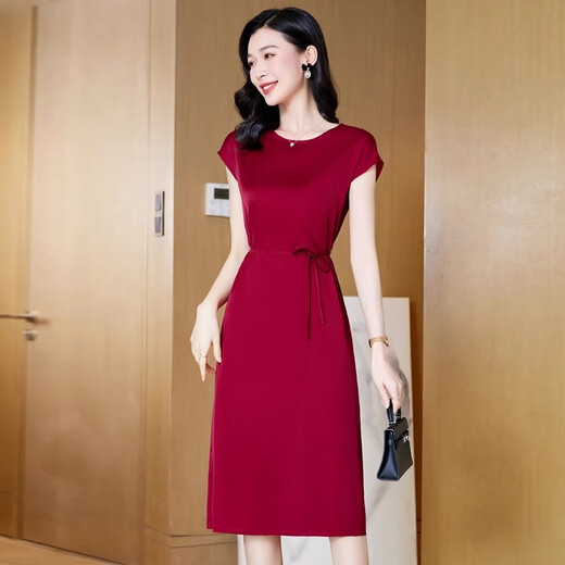 皮尔卡丹（pierre cardin）真丝连衣裙杭州女2024夏季新款气质喜婆婆品牌红色桑蚕丝纯色裙子 酒红 XL
