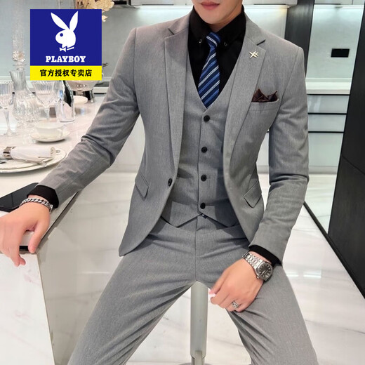 Playboy suit men's three-piece suit Korean version slim business formal casual small suit groom groomsman wedding dress 719/black two-piece suit + pants XL recommended 120-135Jin Jin equals 0.5 kg