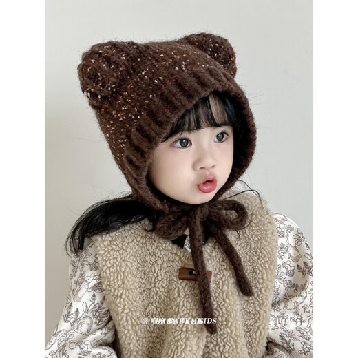 SOMUBAY Children's Hat Autumn and Winter Korean Style Casual Girls Cute Bear Lace Knitted Ear Hat Boy Baby Wool Hat Brown Color 170 Reference Age 2-6 Years Old_48-52cm_One Size